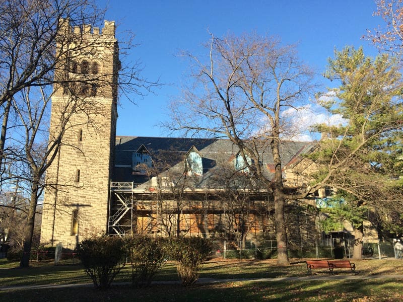 First Presbyterian Church of Ithaca roof replacement under construction